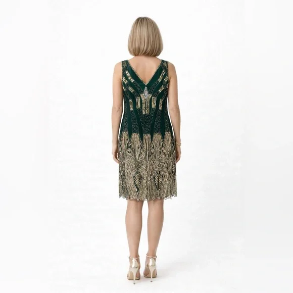 Emerald Green Art Deco Beaded Shift Dress | Gatsby Cocktail Evening - Picture 3 of 4